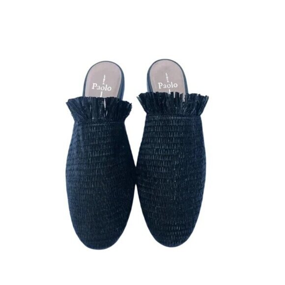 LINEA PAOLO Andine Black Woven Raffia Fringe Mules Slip On Slides Sandals sz 12 - Picture 2 of 8